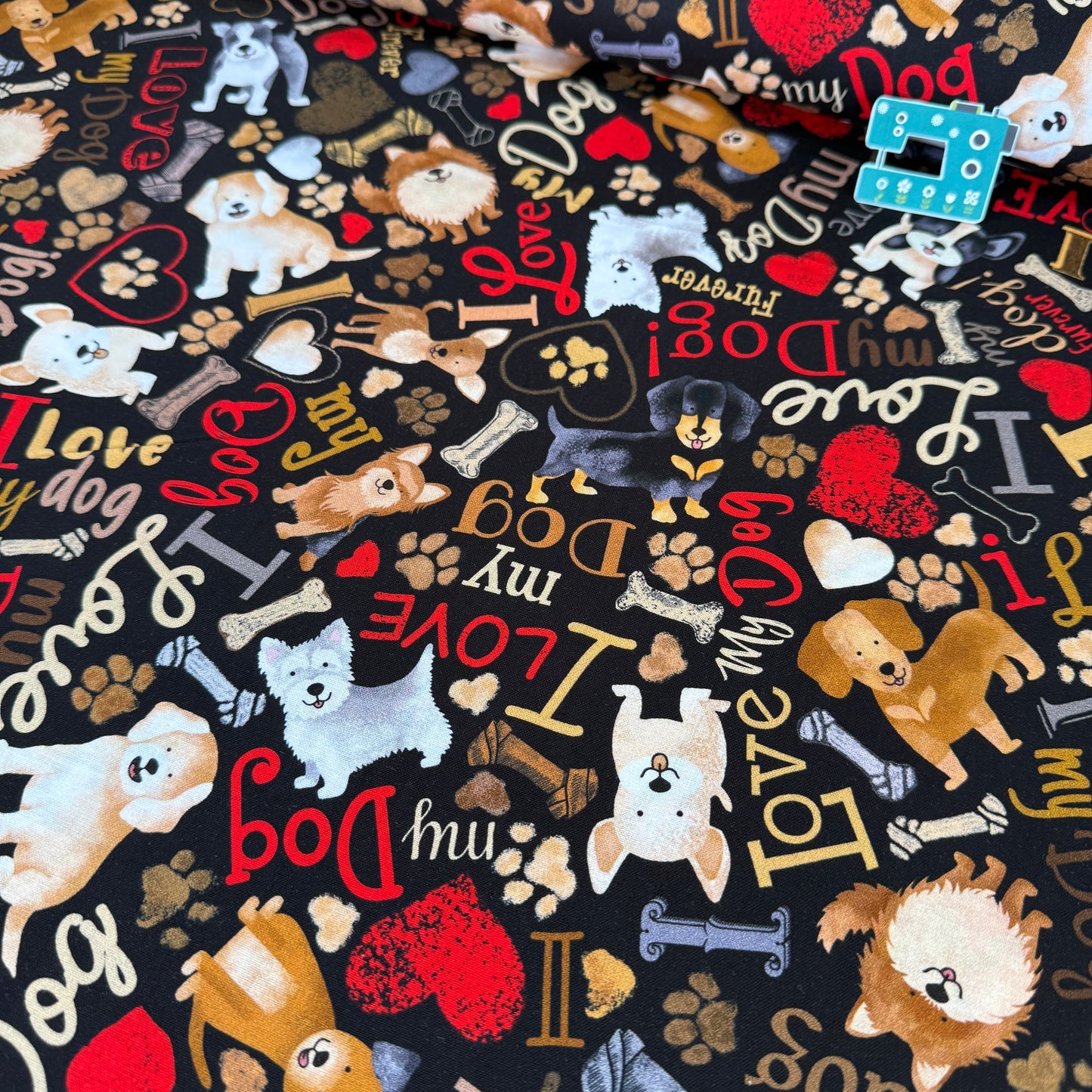 Happiness is Pawsome Dog (Black) Fabric by Timeless Treasures