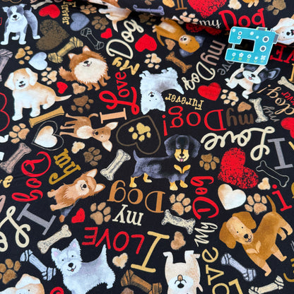 Happiness is Pawsome Dog (Black) Fabric by Timeless Treasures