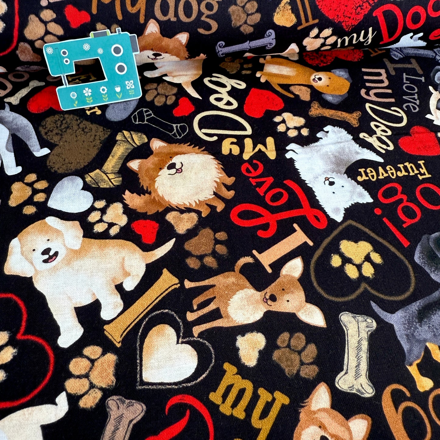 Happiness is Pawsome Dog (Black) Fabric by Timeless Treasures