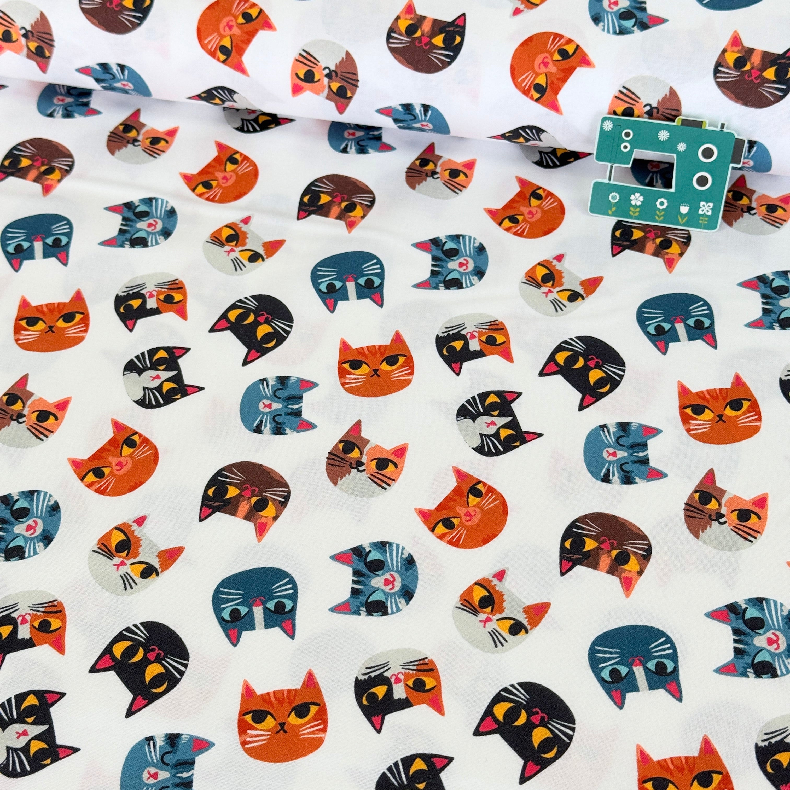 Cats Meow Faces (White) Fabric By Paintbrush Studio