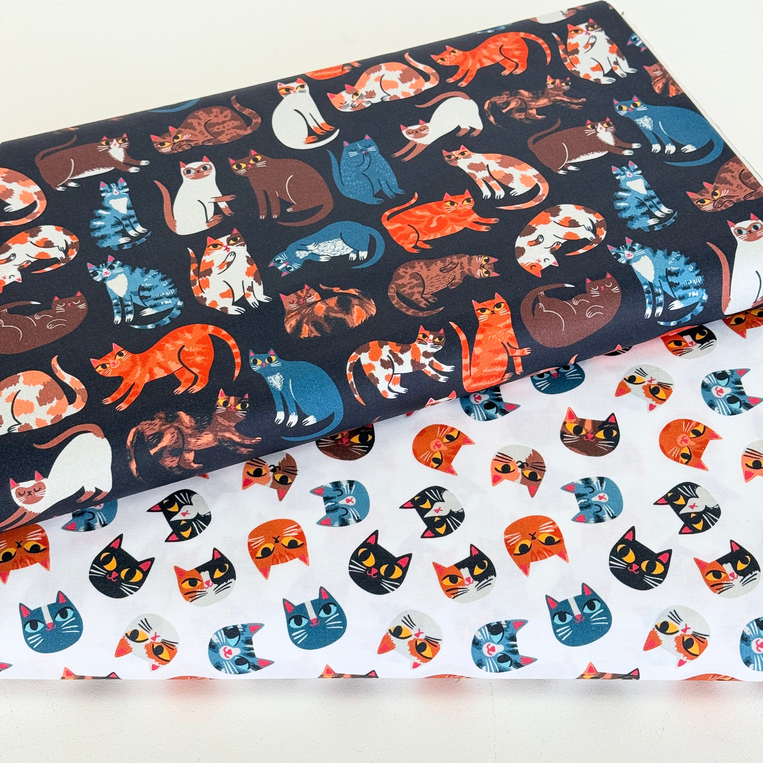 Cats Meow Faces (White) Fabric By Paintbrush Studio