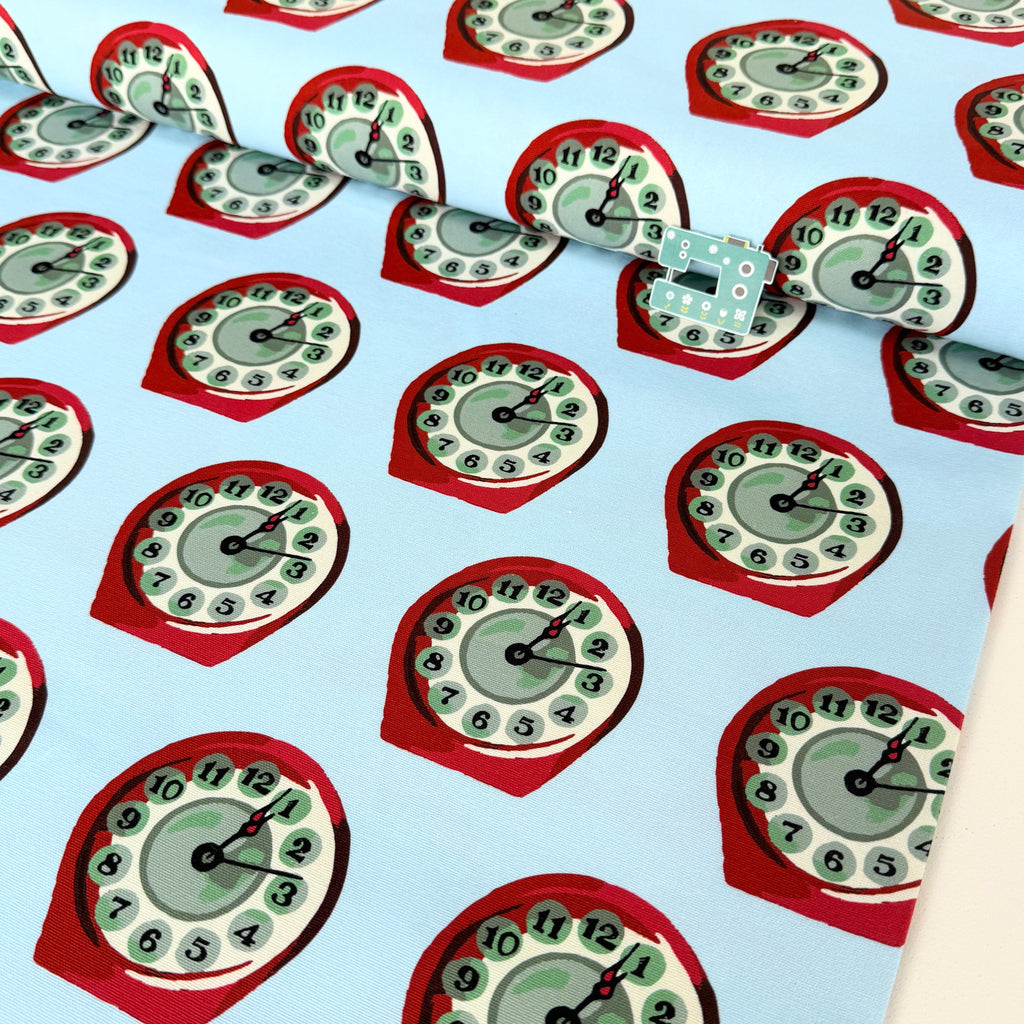 Recollect: Retro Clocks (Blue) GOTS Fabric by Cloud 9