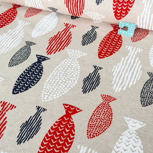 Red/Blue/White Fishes on Linen Look Canvas Fabric