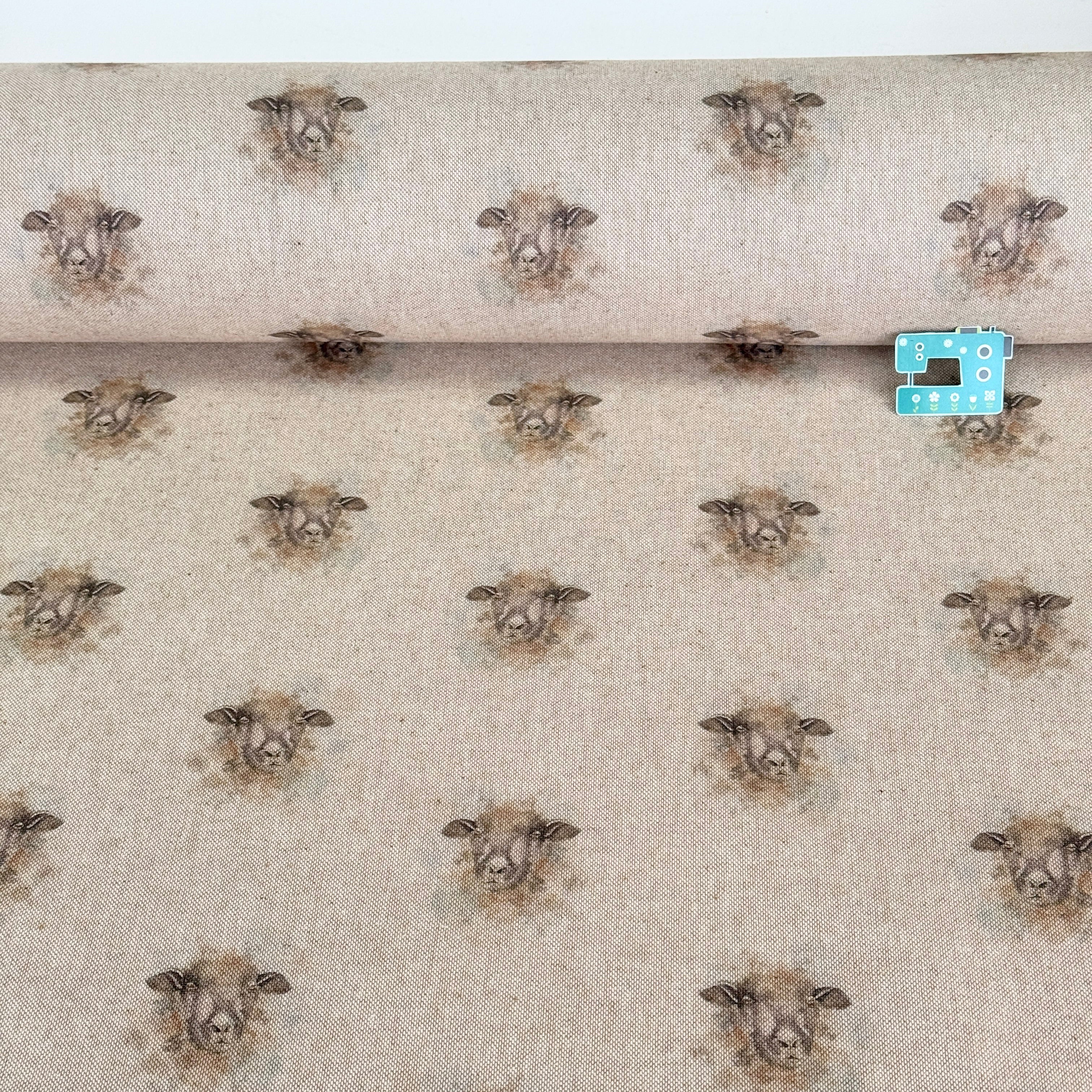 Remnant of Farm Sheep Faces on Linen Look Canvas Fabric (148cm)