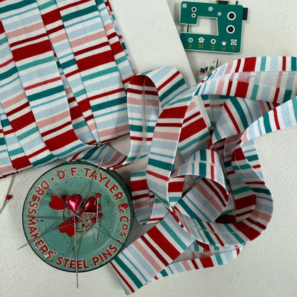 25mm Handmade Bias Binding - Limited Edition - Holiday Stripes (Pink/Aqua)