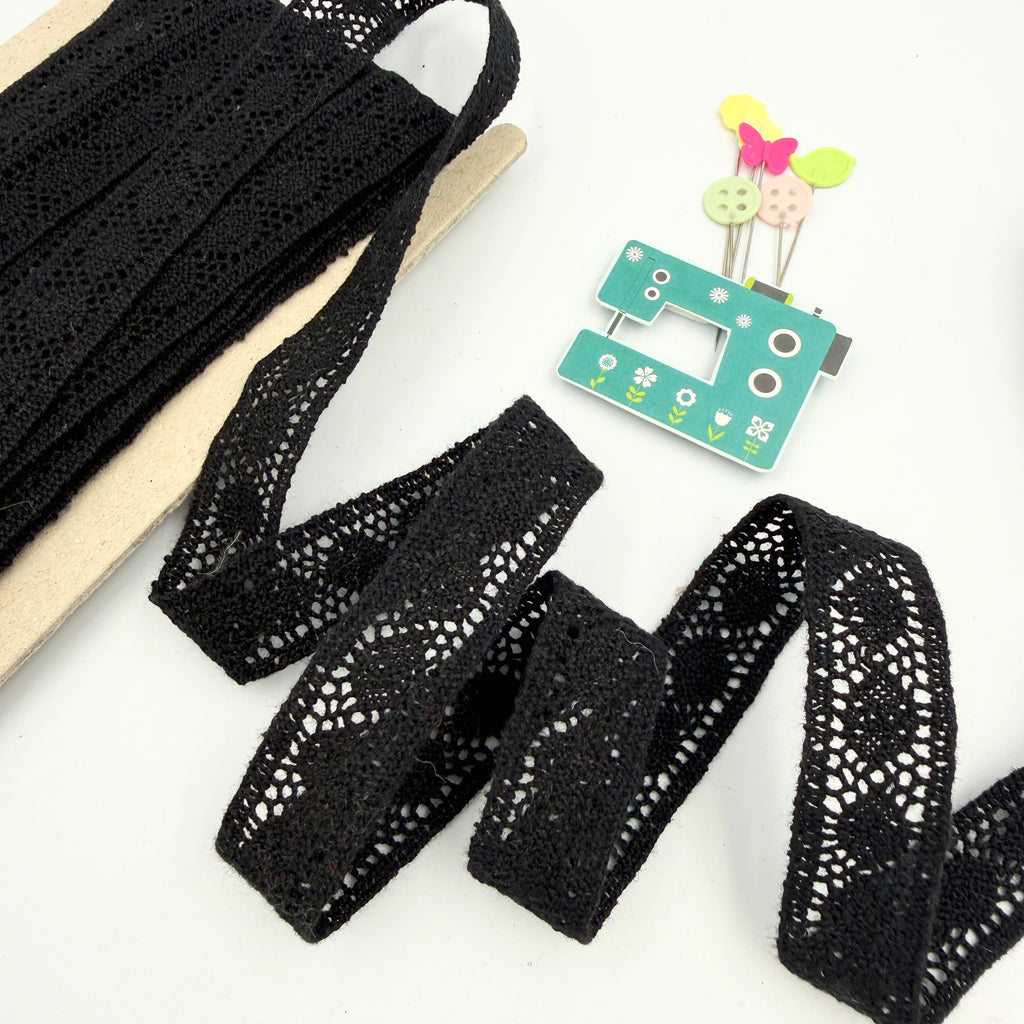 CLEARANCE: Fine Dot Cotton Lace Trim 18mm Wide - Black (8 metres)