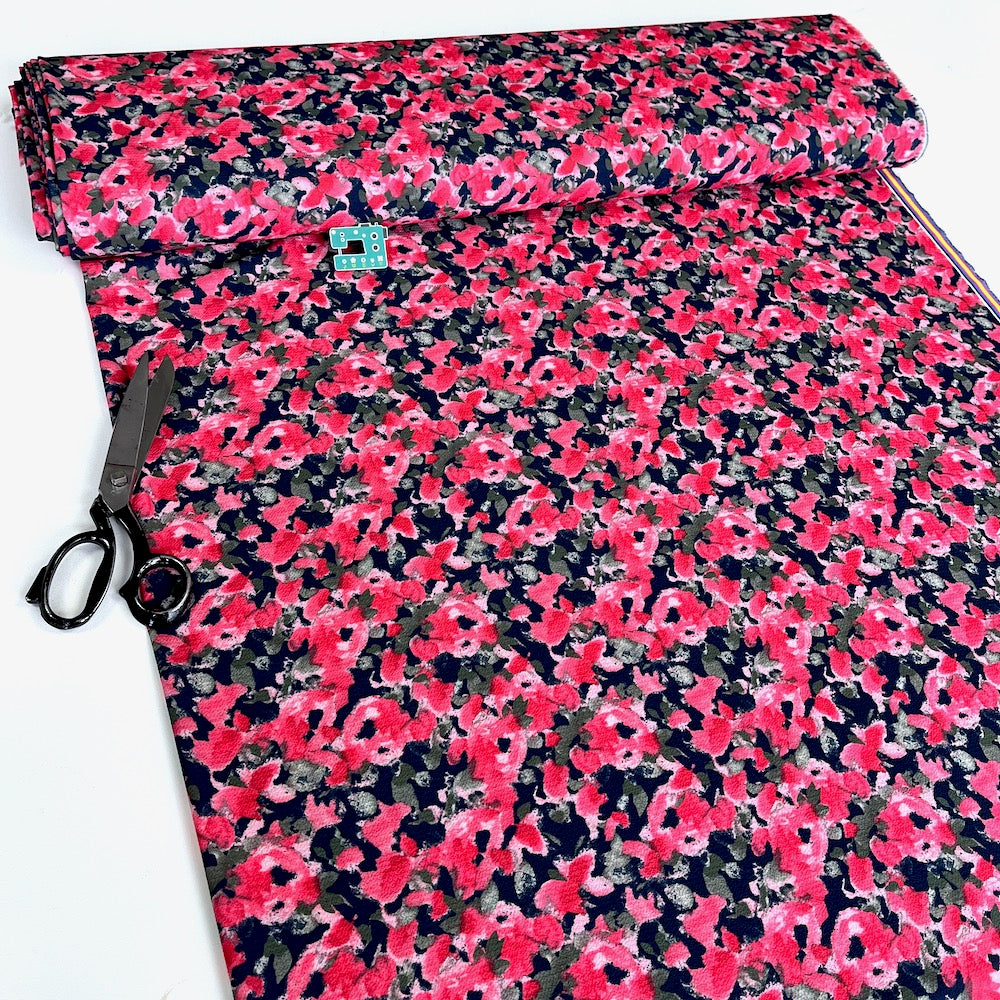 Lightweight Stretch Crepe Painted Poppy  - Deadstock Designer Fabric - Navy