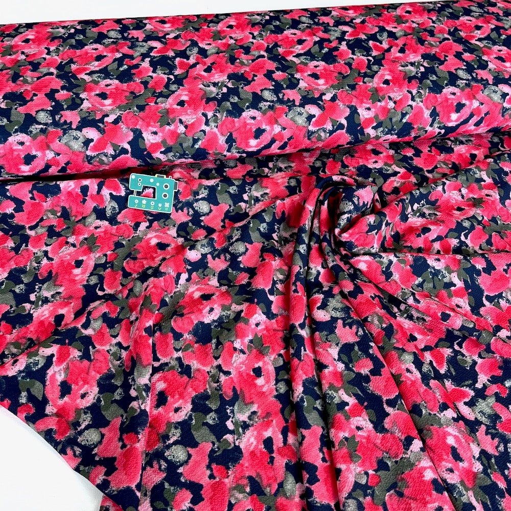 Lightweight Stretch Crepe Painted Poppy  - Deadstock Designer Fabric - Navy