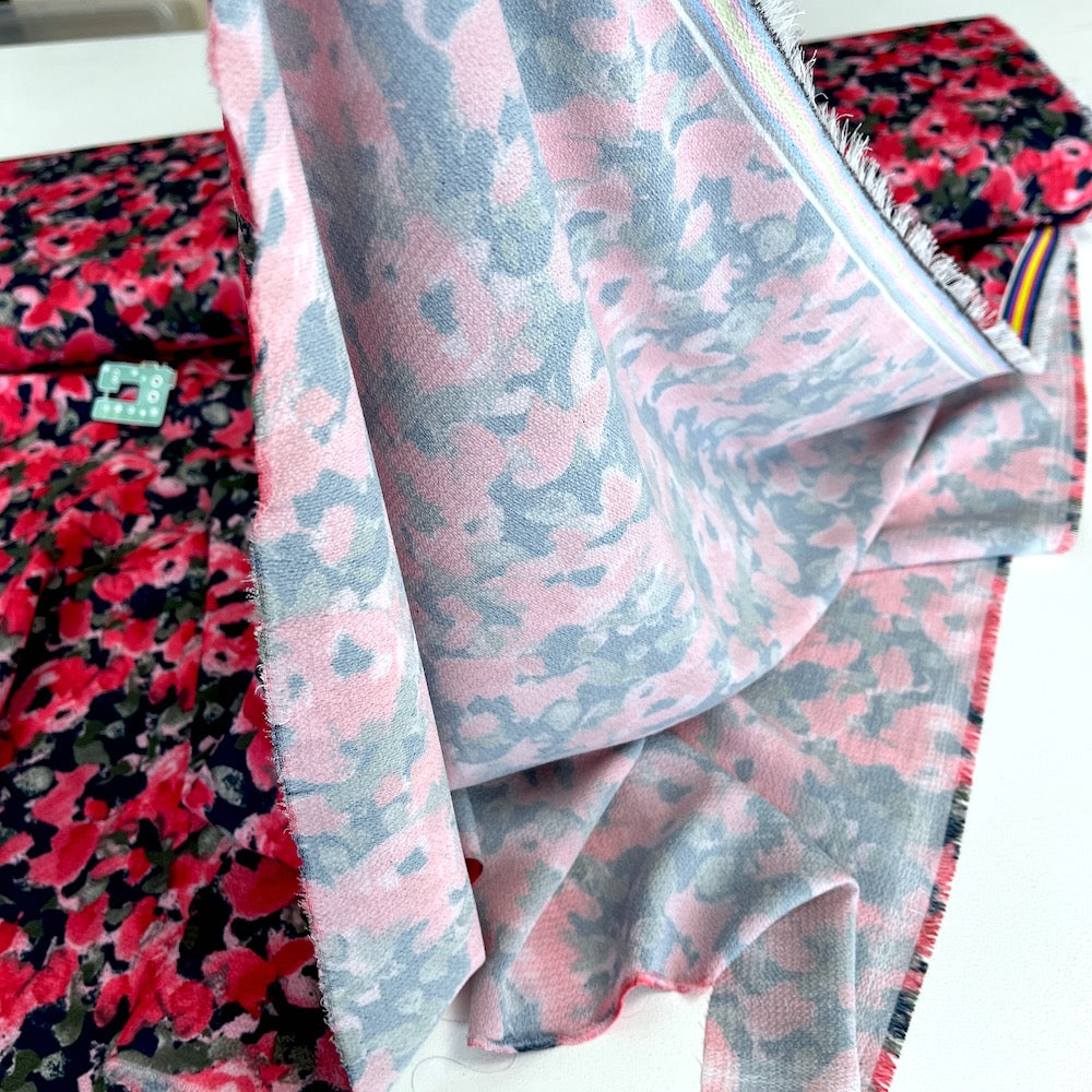 Lightweight Stretch Crepe Painted Poppy  - Deadstock Designer Fabric - Navy