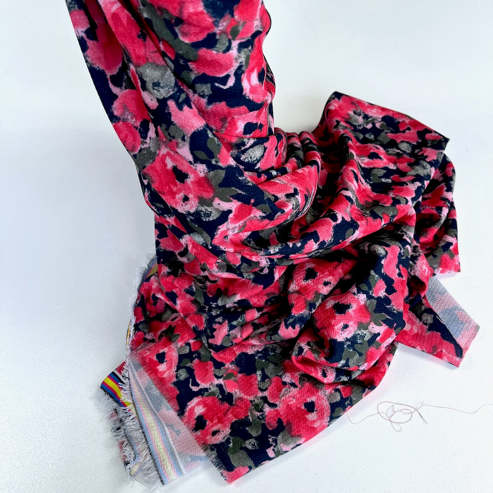 Lightweight Stretch Crepe Painted Poppy  - Deadstock Designer Fabric - Navy