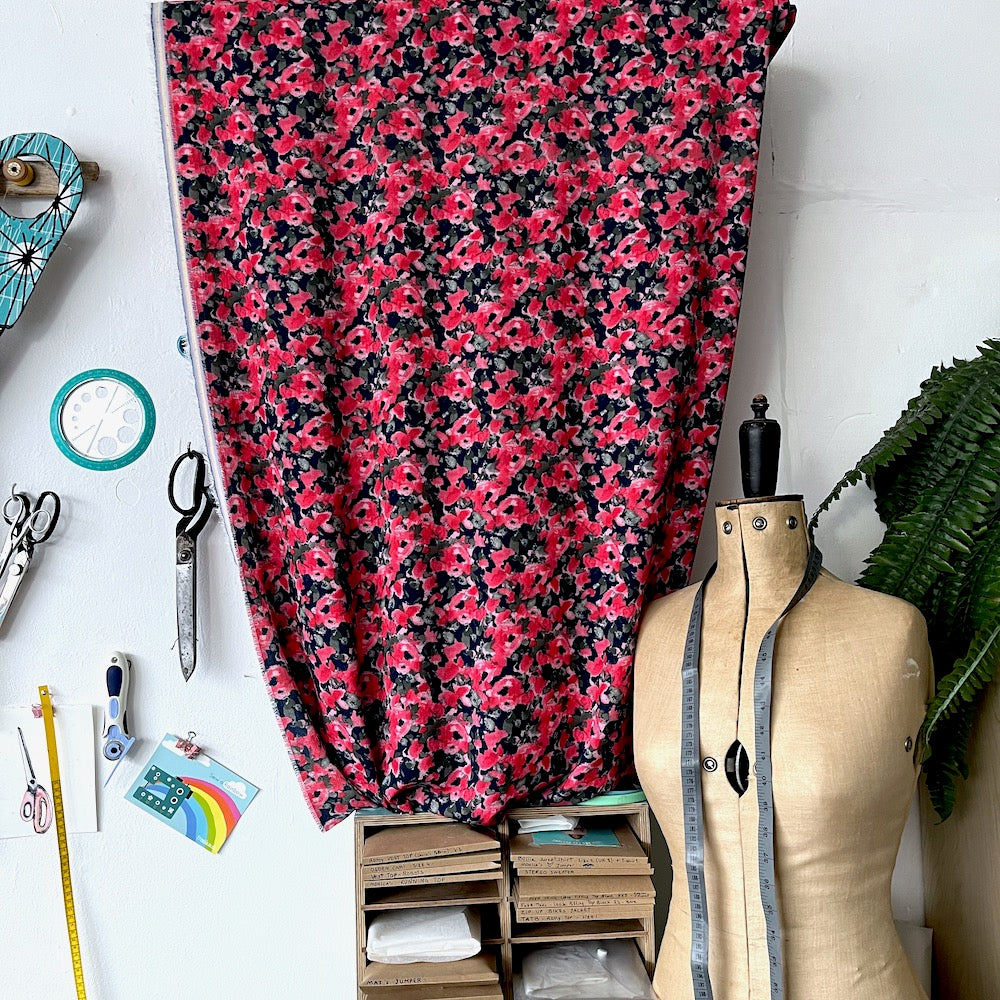 Lightweight Stretch Crepe Painted Poppy  - Deadstock Designer Fabric - Navy