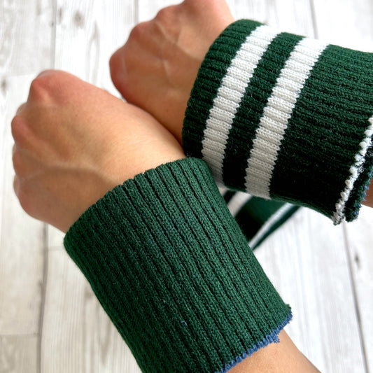 Chunky Cuff Cotton Ribbing Double Sided White Stripes Green