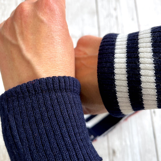 Chunky Cuff Cotton Ribbing Double Sided White Stripes Navy