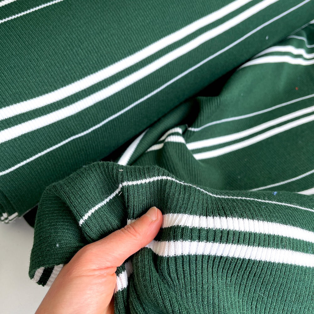 Chunky Cuff Cotton Ribbing Double Sided White Stripes Green