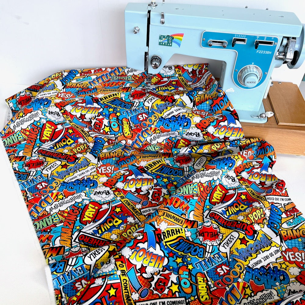 Remnant of Timeless Treasures Fabric - Superhero Action Words - Multi (175cm)