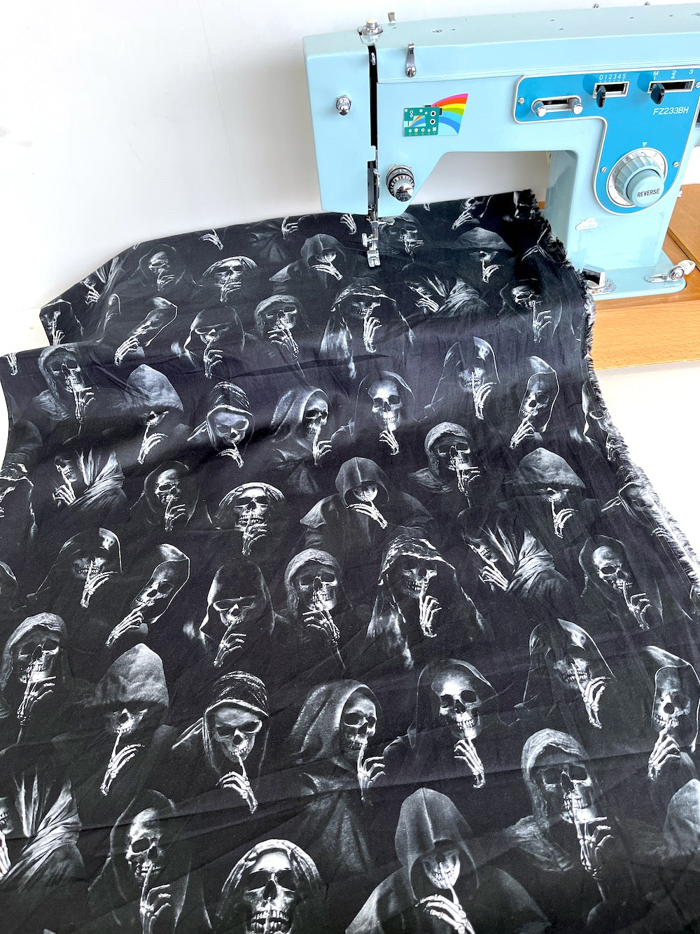 Remnant of Timeless Treasures Fabric - Silent Hooded Skeletons - Black (133cm)