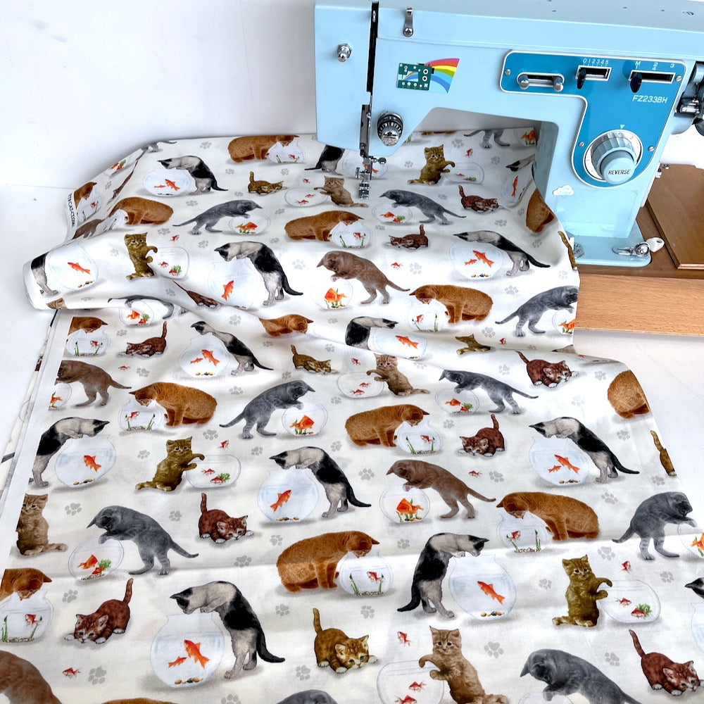 Timeless Treasures Fabric - Cat And Fish Bowl - Cream
