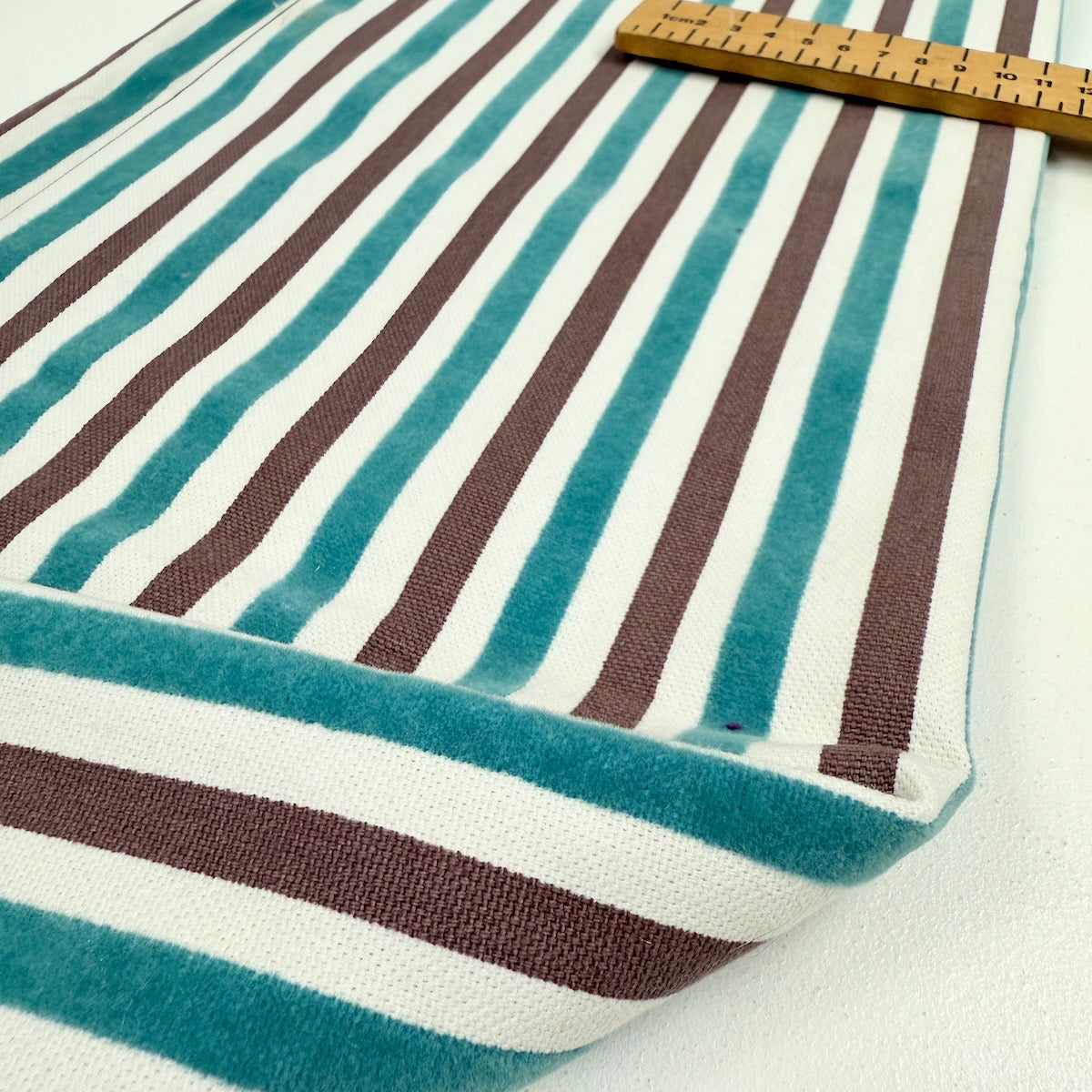 Remnant of Teal Velvet Flock Stripe - 380gsm Cotton Duck Canvas - 52x140cm