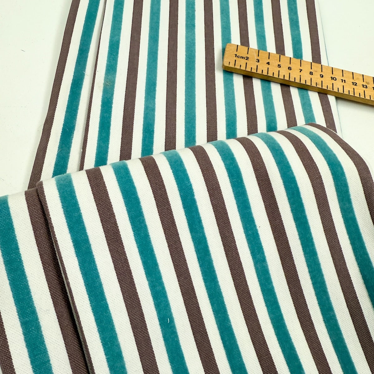 Remnant of Teal Velvet Flock Stripe - 380gsm Cotton Duck Canvas - 52x140cm