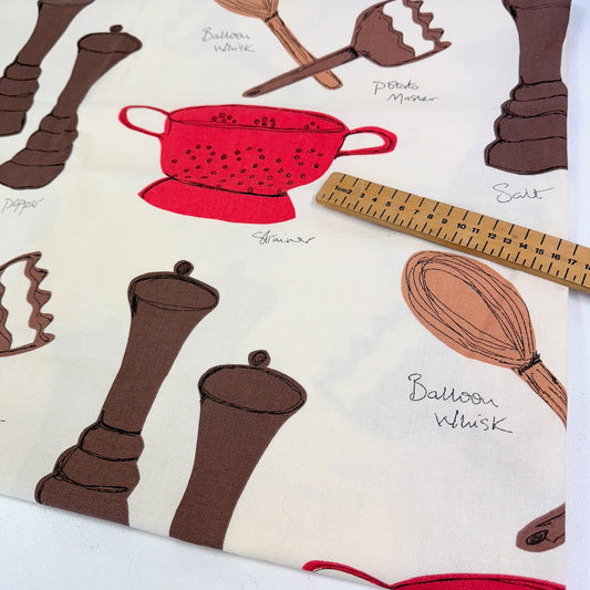 Remnant of Autumnal Kitchen Pots and Pans Red - 240gsm Cotton Duck Canvas - 136x140cm