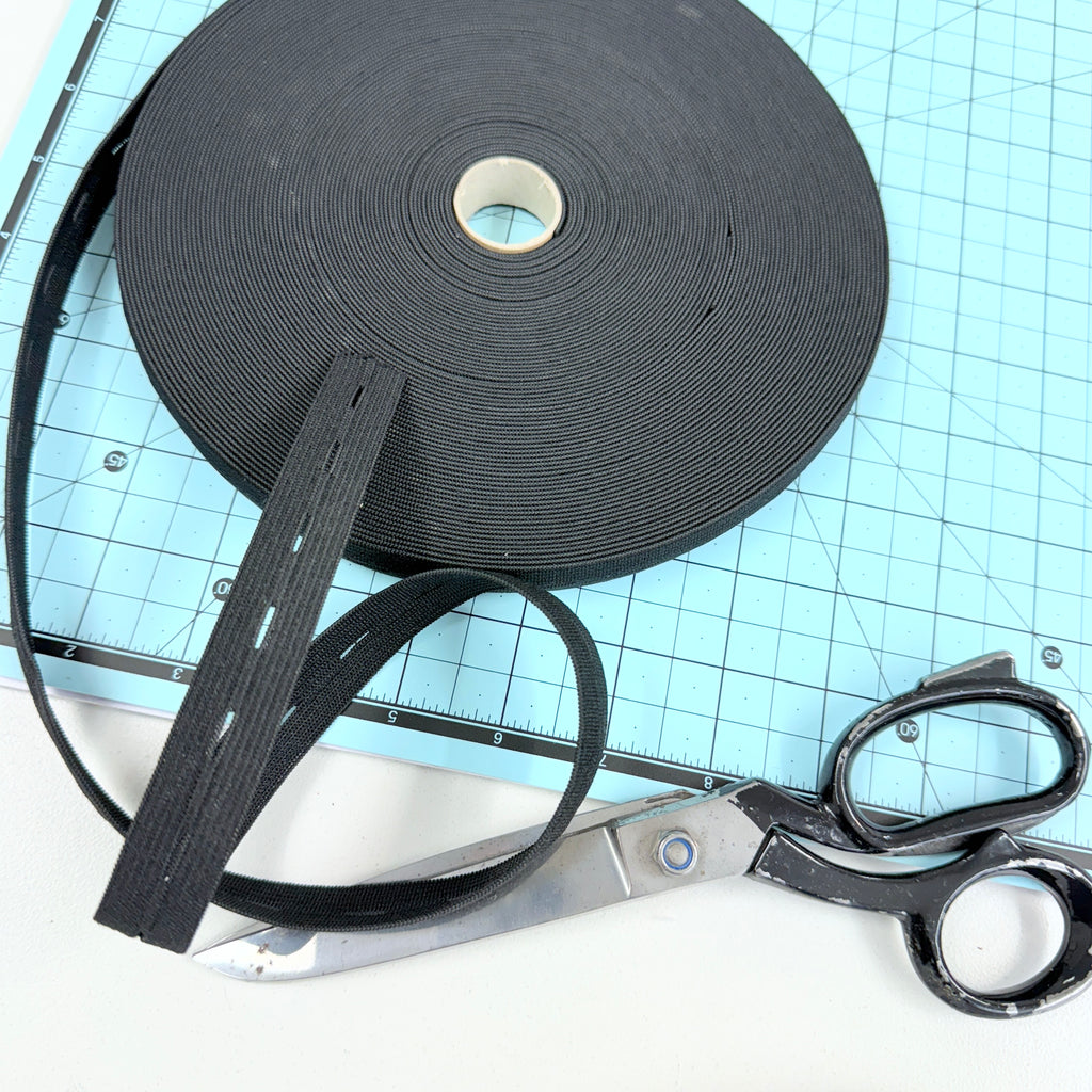 18mm Wide Button Hole Elastic - 25m Roll - Black/White