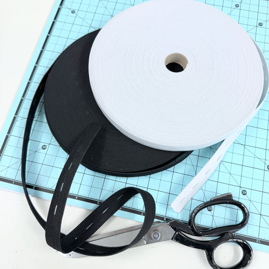 18mm Wide Button Hole Elastic - 25m Roll - Black/White