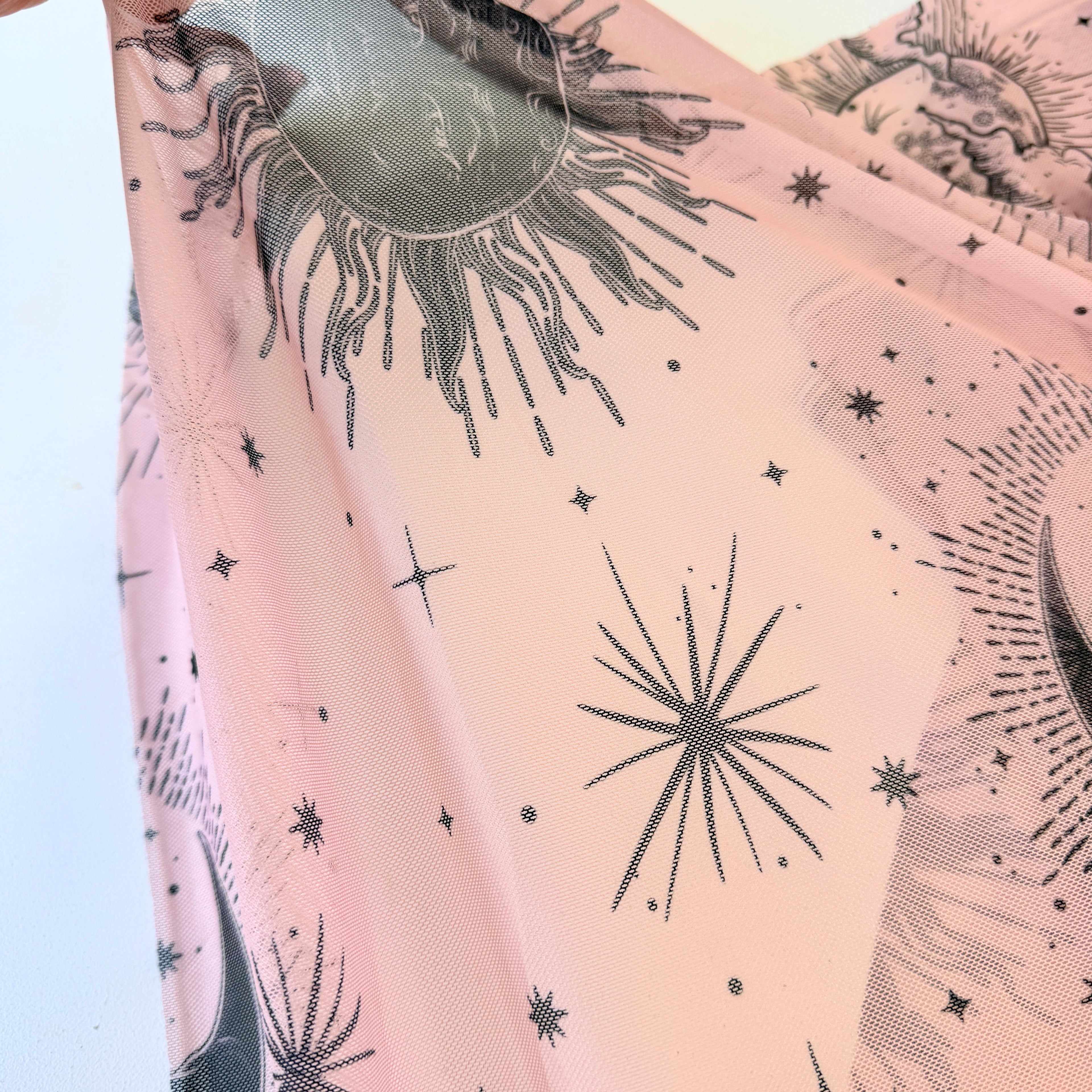 Light Power Mesh Net Mystical Stars Print - Deadstock - Light Rose (Per Metre)