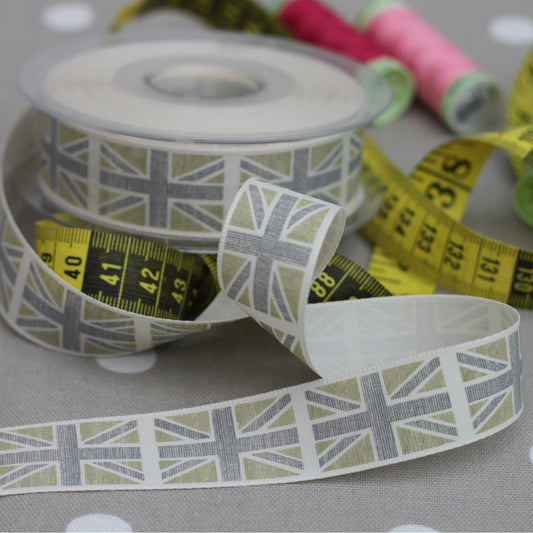 CLEARANCE: 25mm Wide Green Colours Union Jack Ribbon (10.5 metres)