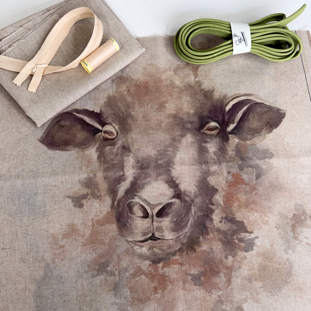 Sheep Face Cushion Panel Project Piped Kit (zip+envelope) Olive