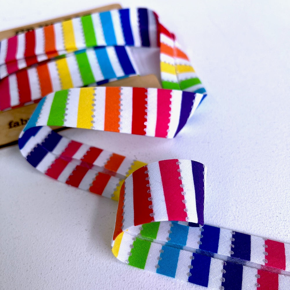 25mm Handmade Bias Binding -Limited Edition - Be Colourful Rainbow Stripe - White