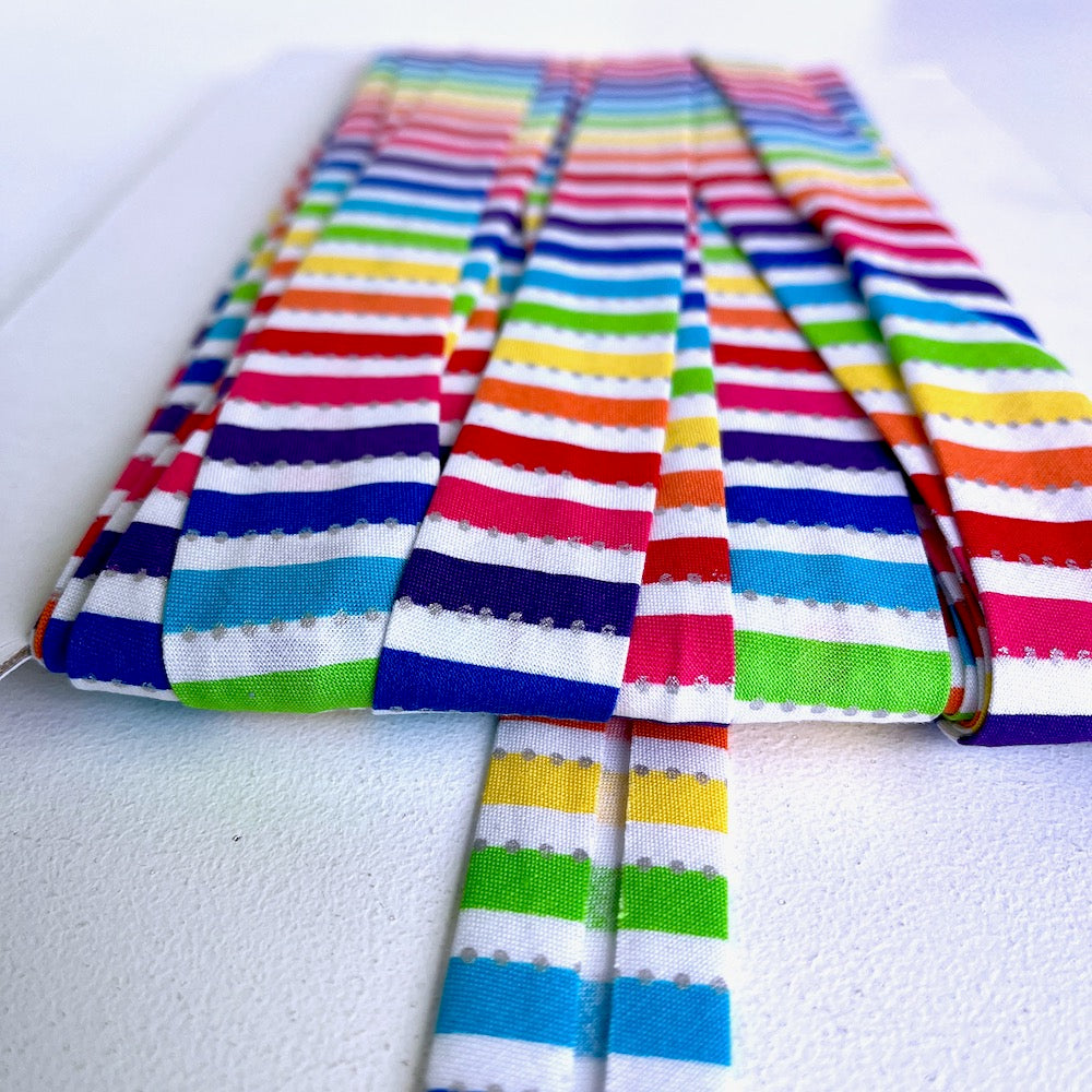 25mm Handmade Bias Binding -Limited Edition - Be Colourful Rainbow Stripe - White