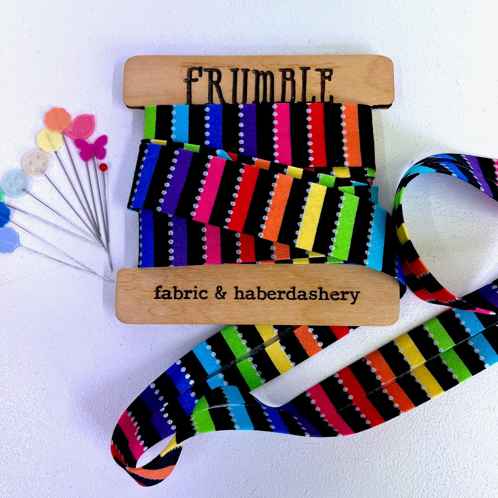 25mm Handmade Bias Binding -Limited Edition - Be Colourful Rainbow Stripe - Black