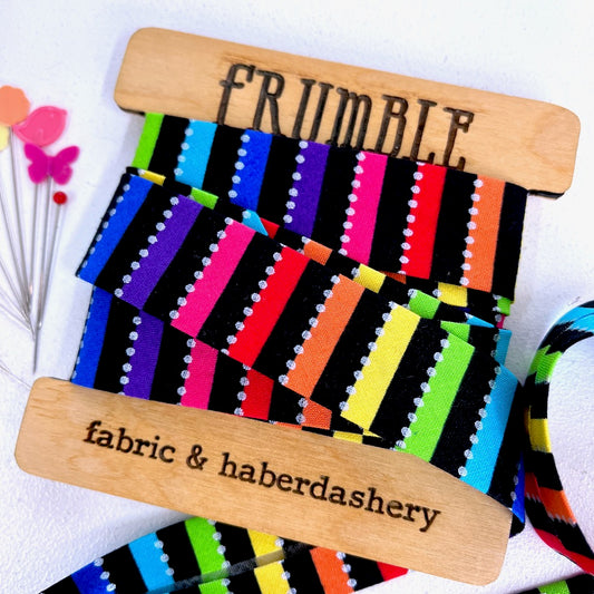 25mm Handmade Bias Binding -Limited Edition - Be Colourful Rainbow Stripe - Black