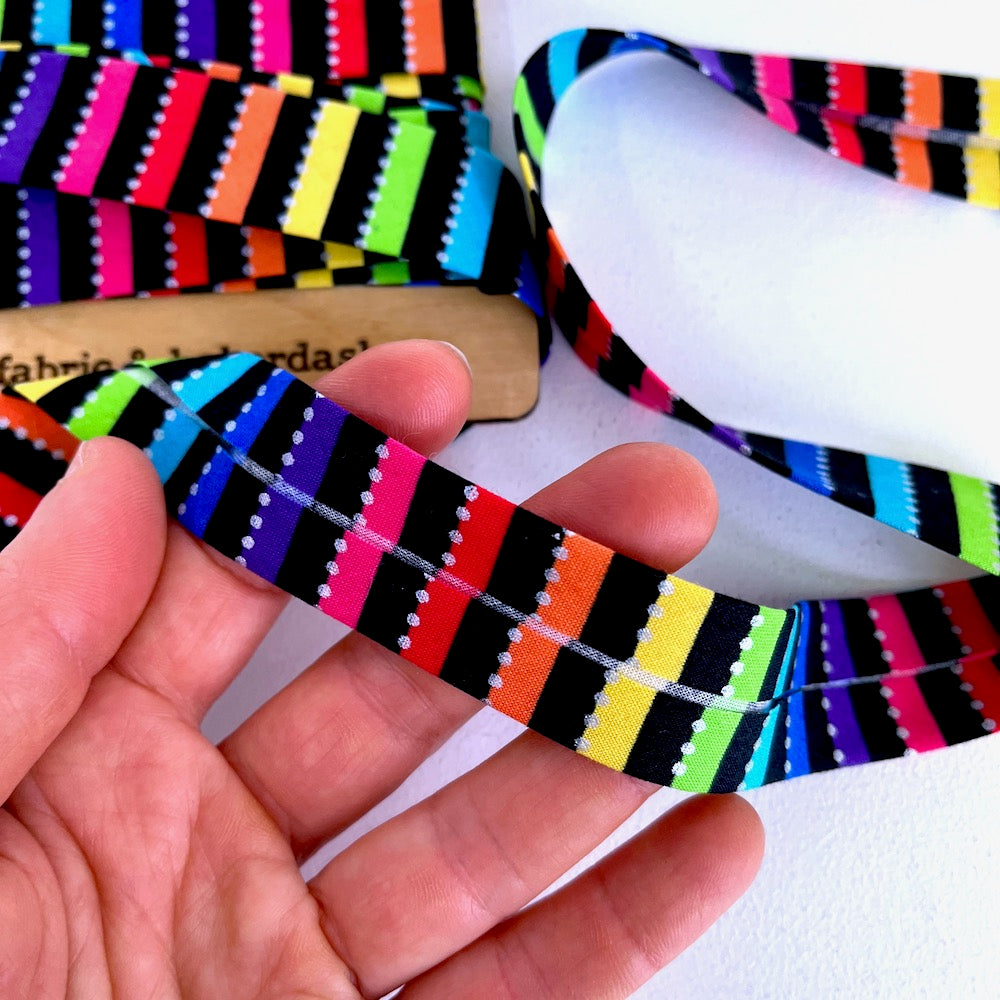 25mm Handmade Bias Binding -Limited Edition - Be Colourful Rainbow Stripe - Black