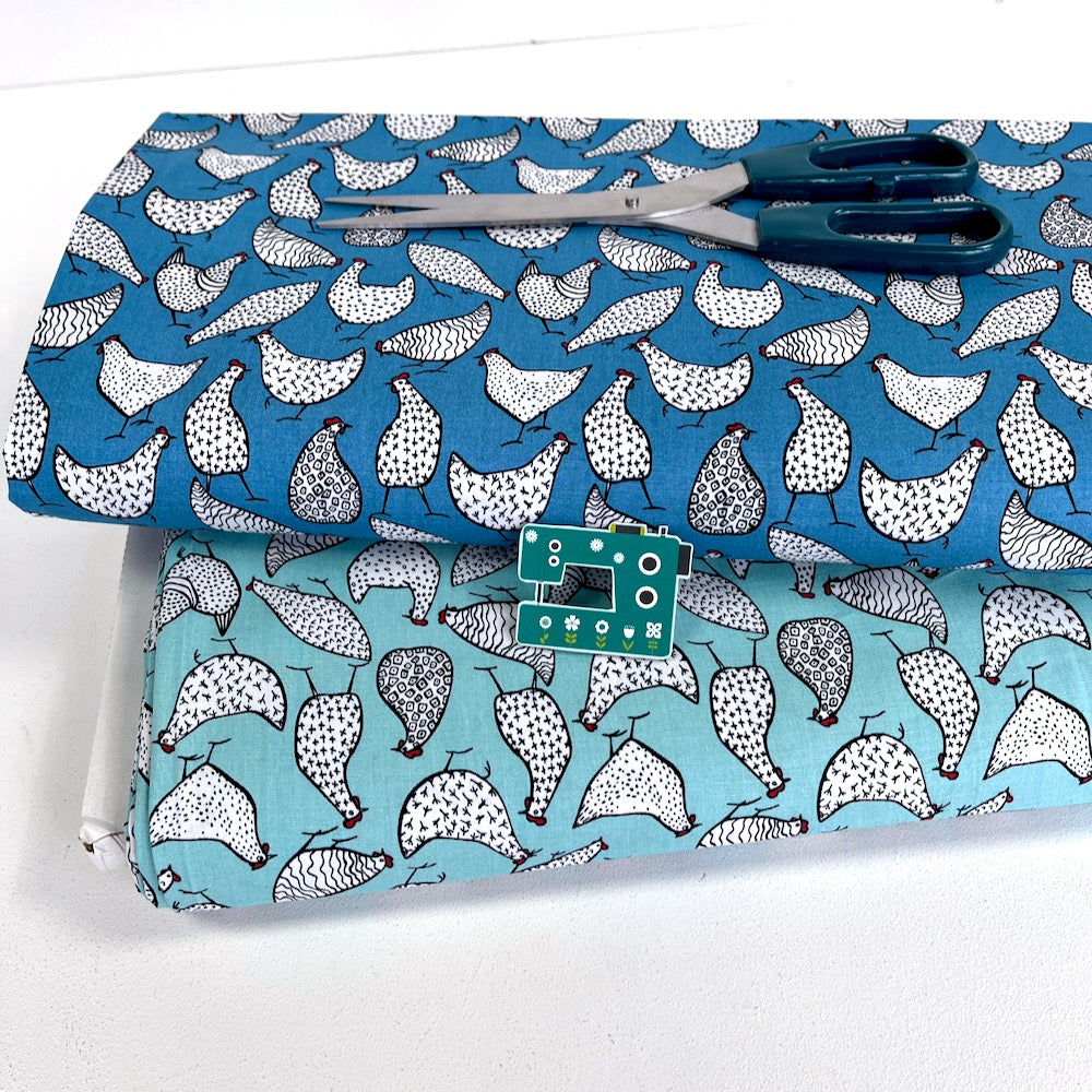 Cotton Poplin - Farmyard Chickens - Copen Blue