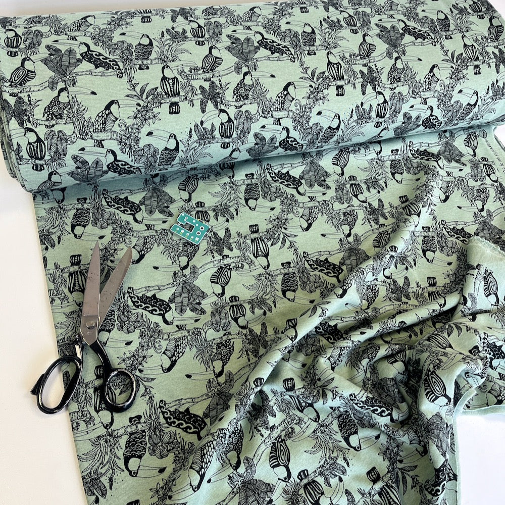 Soft Sweat Fabric - Tropical Feeling Toucan - Sage Green