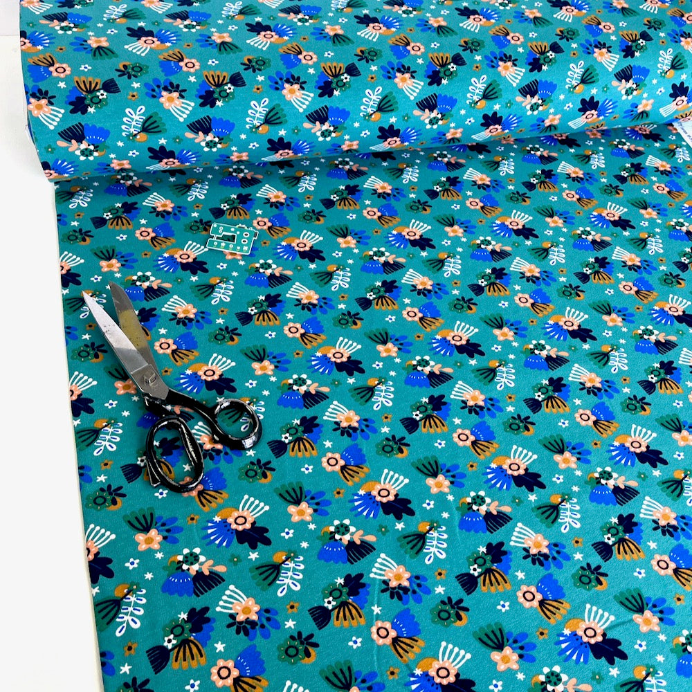 Soft Sweat Fabric - Flying Flowers - Teal