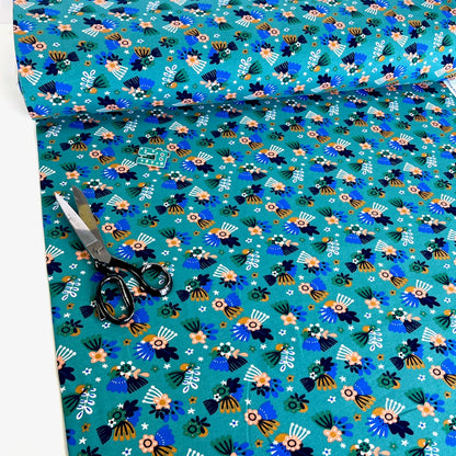 Soft Sweat Fabric - Flying Flowers - Teal