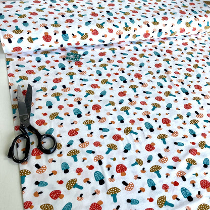 GOTS Organic Jersey Fabric - Coloured Mushrooms - White