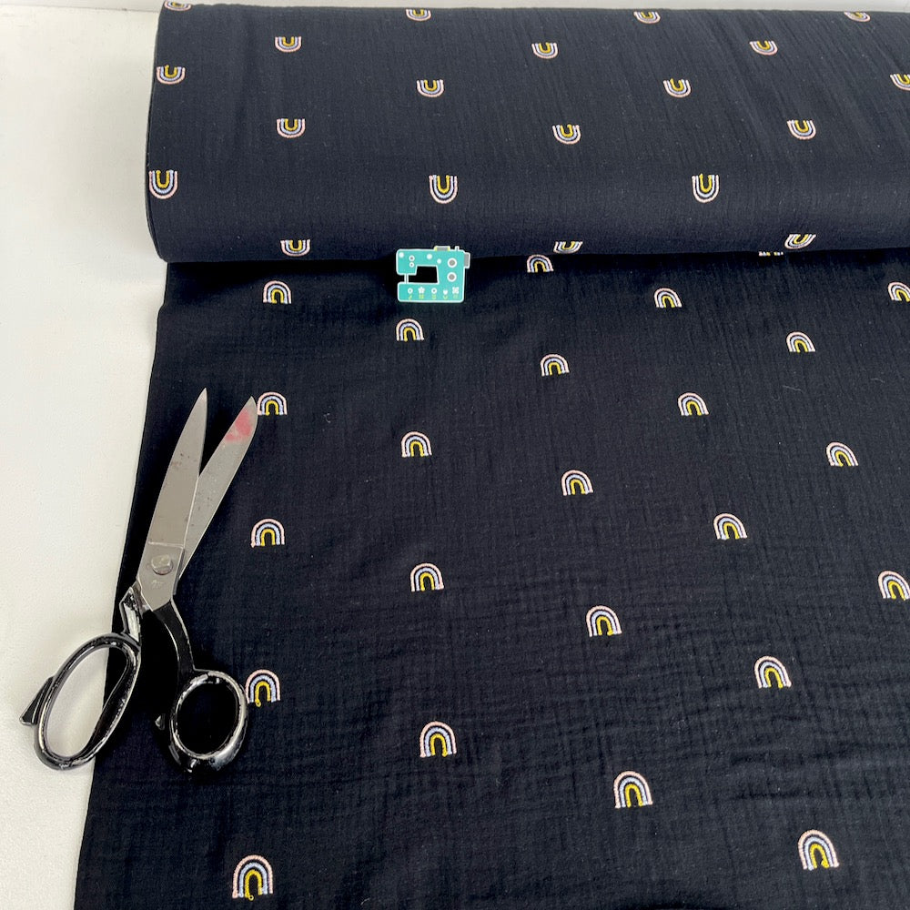 Remnant of Double Gauze Fabric - Embroidered Rainbows - Black (94cm)