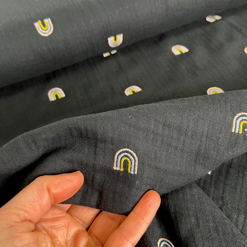 Remnant of Double Gauze Fabric - Embroidered Rainbows - Black (94cm)