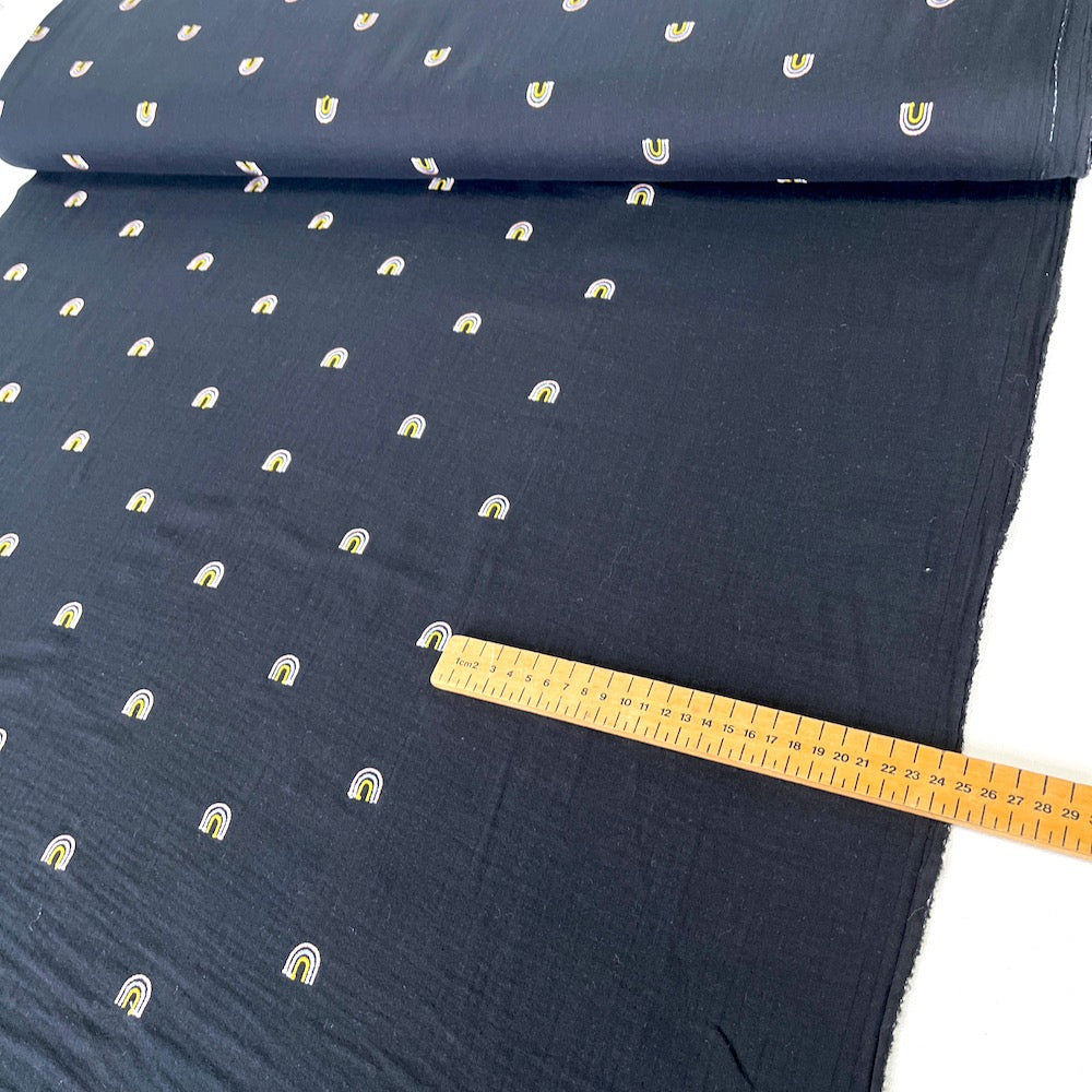 Remnant of Double Gauze Fabric - Embroidered Rainbows - Black (94cm)