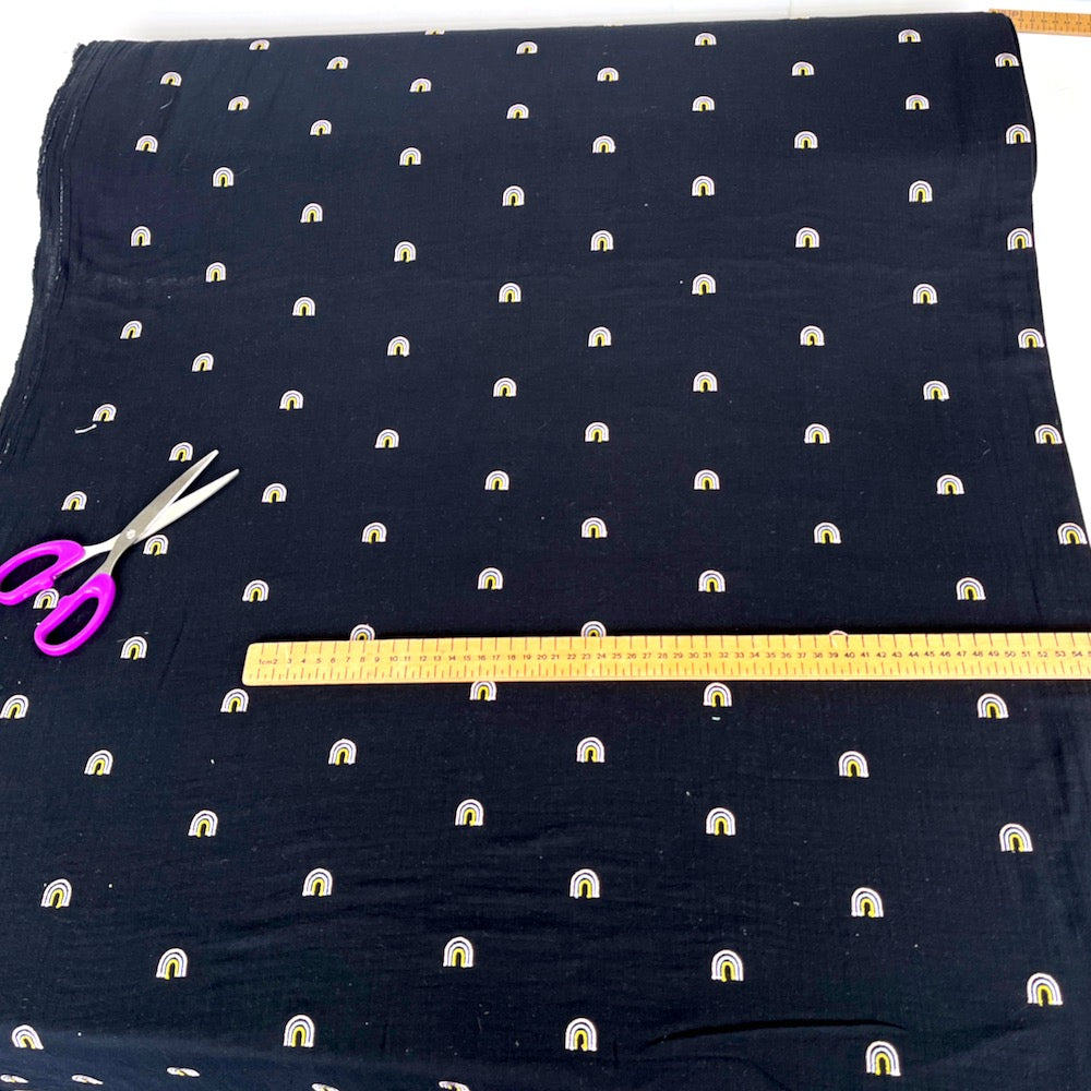 Remnant of Double Gauze Fabric - Embroidered Rainbows - Black (94cm)