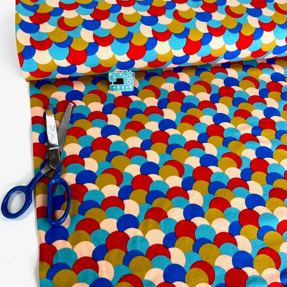 French Terry Fabric -Colourful Dots - Light Blue