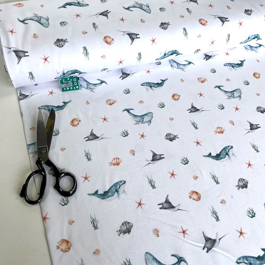 French Terry Digital Fabric - Sea Creatures - White