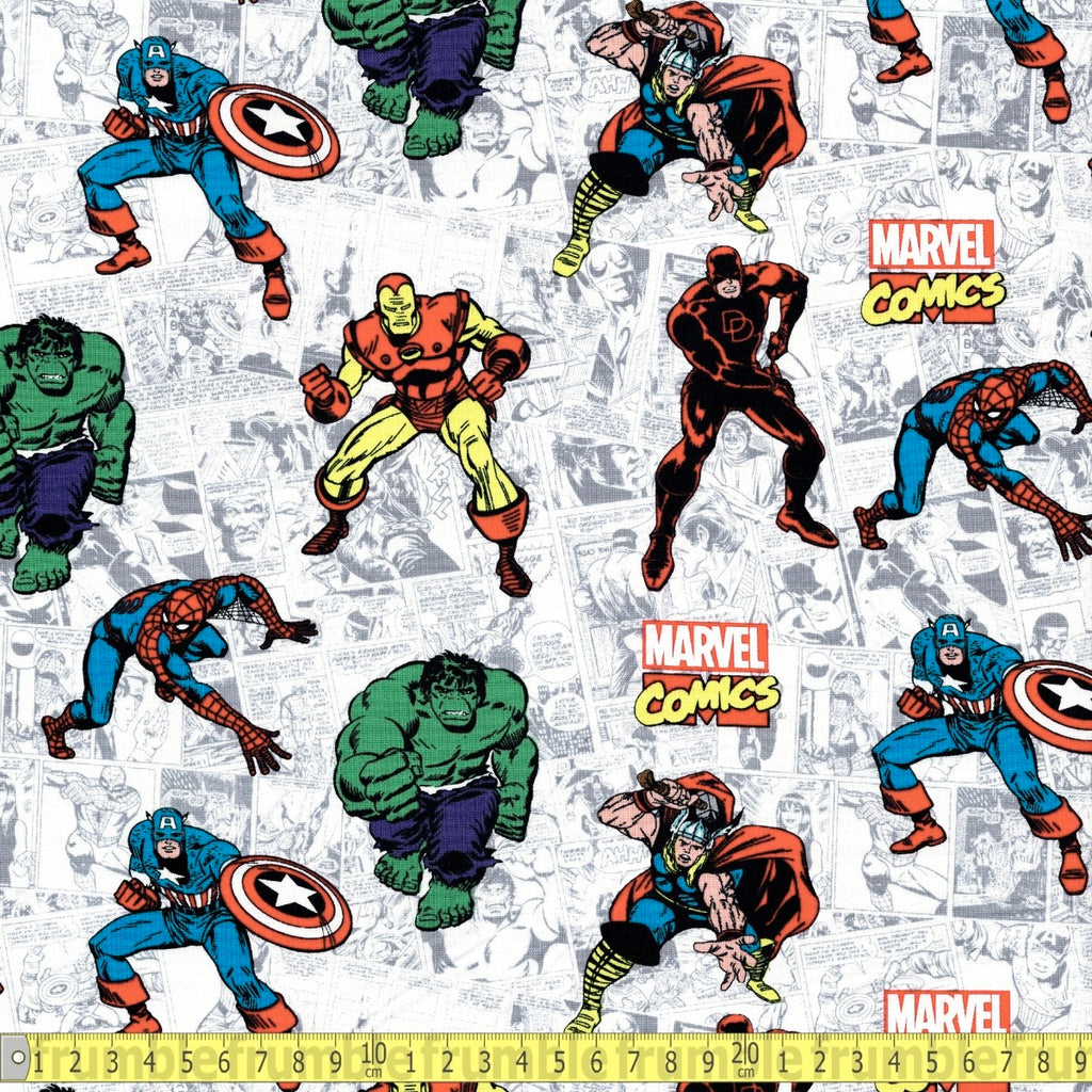 Marvel Retro Action Comics (White) Fabric by Springs Creative