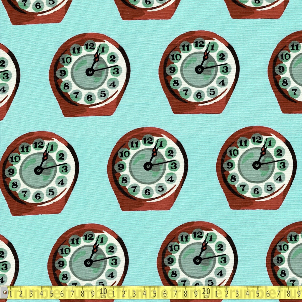Recollect: Retro Clocks (Blue) GOTS Fabric by Cloud 9