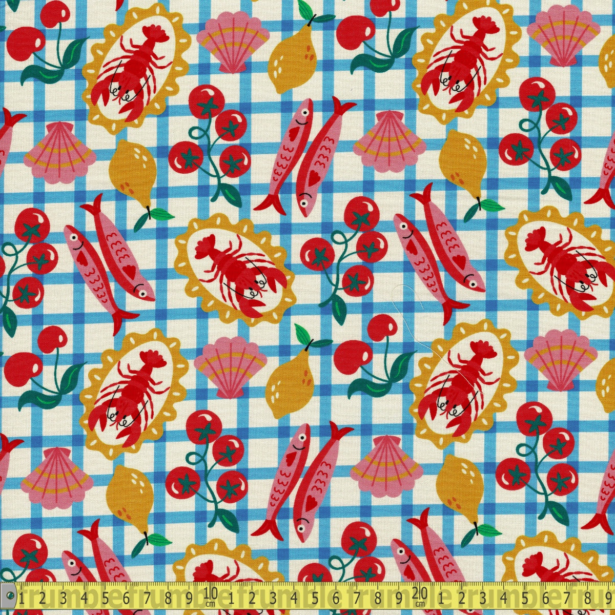 Seafood Picnic Cotton Fabric - Blue Gingham - 145cm Wide