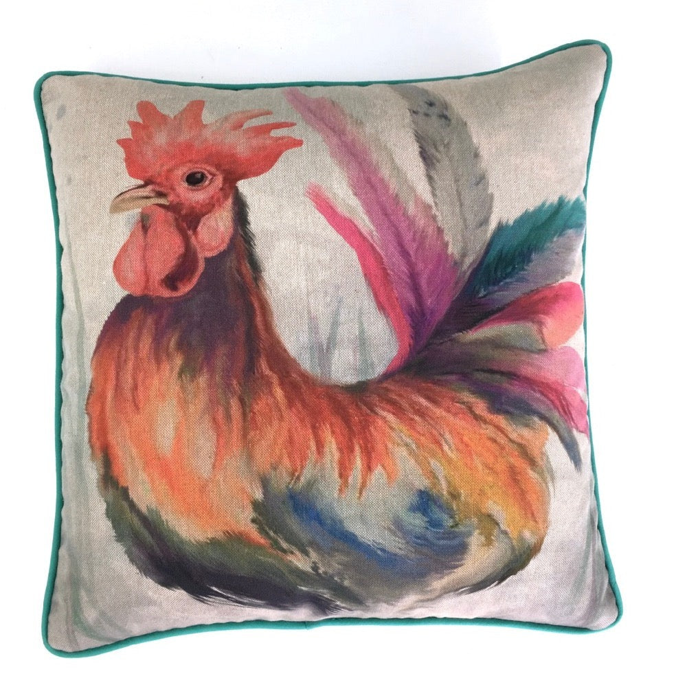 Watercolour Rooster Cushion Panel on Linen Look Canvas