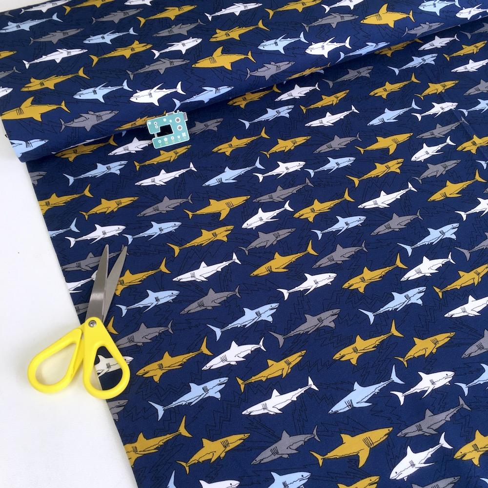 Electric Shark - GOTS Organic Printed Jersey - Navy Blue Sewing and Dressmaking Fabric
